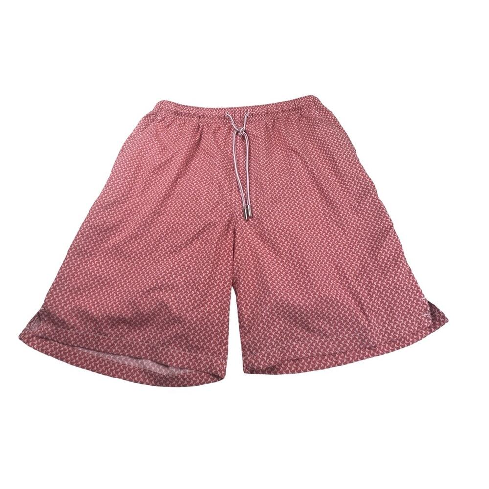 Peter Millar Crown Sport Swim Trunks Mens Large Coral Red Fish Print Lined 8”